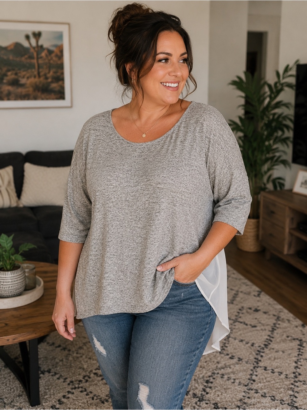 🌸 Ricki's Heathered Gray Knit Scoop-Neck with White Sheer back Top